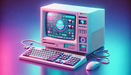 Futuristic AI interface on vintage computer with 90s-inspired design elements.