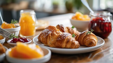 Shot of croissants served with a selection of fruit preserves. Generative AI.