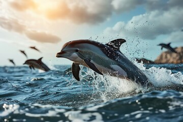 Obraz premium Dolphin jumping out of water. Generative AI.