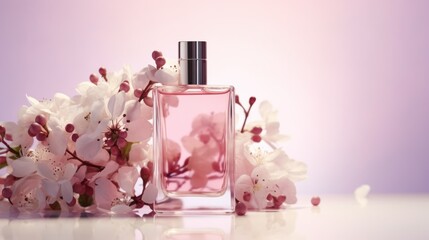 Floral luxury transparent bottle perfume showcase. Generative Ai