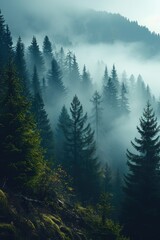 The land of pine trees, Rain forest, Mist, Autumn fog. Generative AI.