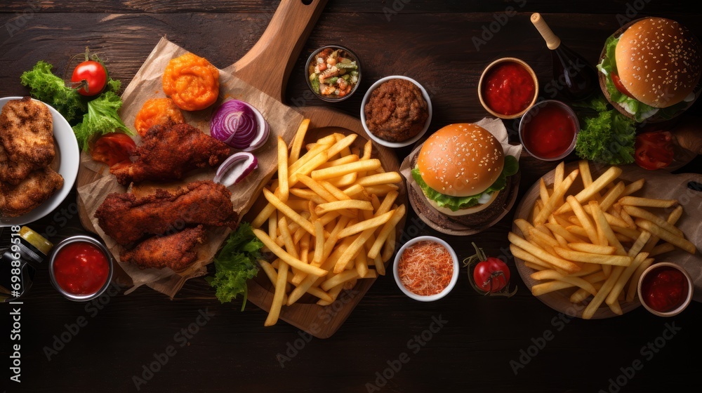 Wall mural delivery foods. hamburgers, pizza, fried chicken and sides. top down view