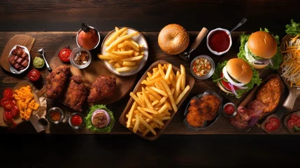 Fototapeten delivery foods. Hamburgers, pizza, fried chicken and sides. Top down view  © CStock
