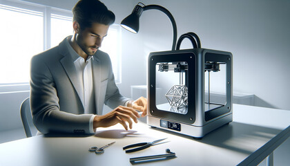Sleek 3D Printer with Professional Hands Fine-Tuning Settings on White Desk - obrazy, fototapety, plakaty