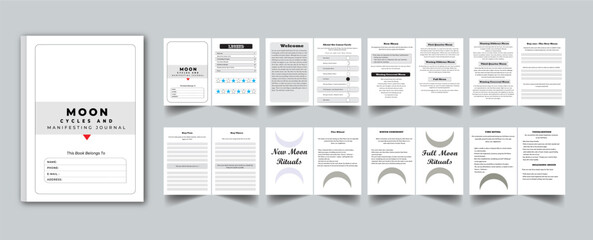Moon Cycles and Manifesting Journal With cover page layout template design