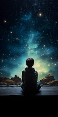 A boy appears from behind and sits looking at the stars