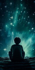 A boy appears from behind and sits looking at the stars