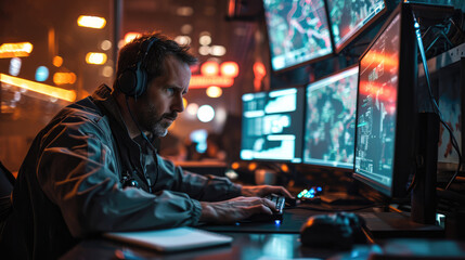 The policeman is sitting slumped in front of his computer, Monitor on, Inside the command center. Generative AI.