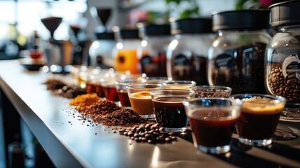 Coffee cupping setup with a variety of coffee samples. Generative AI.