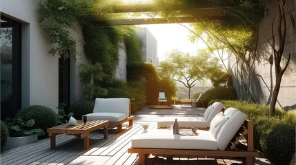 Fotobehang Modern simplicity outdoor garden terrace. Generative AI. © visoot