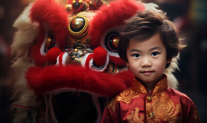 A little boy in a red Chinese costume stands in front of a lion dance, facing the audience in an epic portrait style, with diverse cultural elements, rich details, photo taking, dragon art