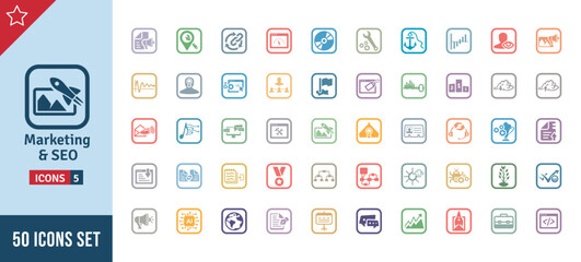Marketing & SEO Icon Set. Search Engine Optimization, Advertising, Website, Business, Marketing, Traffic, Ranking, Optimization, Keyword & Many More. Square Vector Icons Collection