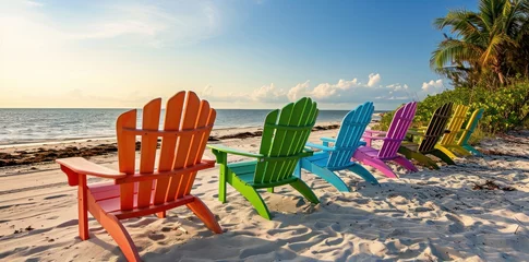 Fotobehang Adirondack Beach Chairs on a Sun Beach in front of a Holiday Vac © StockWorld