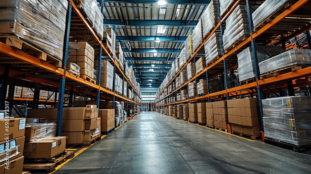 Poster A warehouse with shelves filled with boxes. Generative AI.