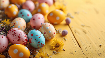 Obraz premium Scattered easter eggs on a yellow wooden tabletop. Generative AI.