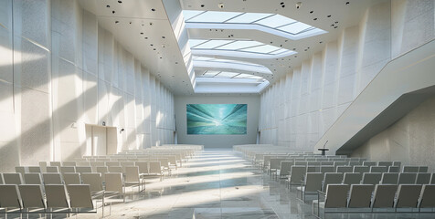 White bid opening conference hall with a huge screen in front of it. Generative AI. - obrazy, fototapety, plakaty