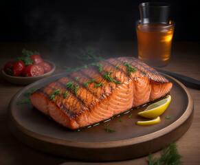 a grilled salmon steak on the table