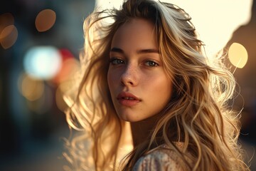 Fototapeta premium Beautiful blonde girl with long hair in street. Generative AI.