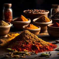 An assorted spices on the wooden table close-up.