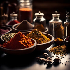 An assorted spices on the wooden table close-up.