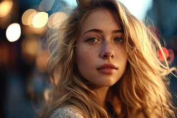 Beautiful blonde girl with long hair in street. Generative AI.