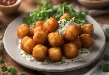 the dish Tater tots with dipped in cream sauce and herbs on the wooden table close-up