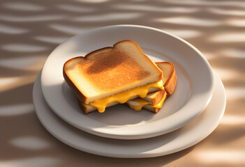 A grilled cheese in a plate on the table.