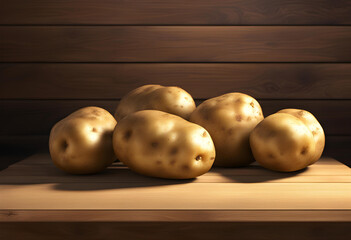 raw potatoes on the wooden table.
