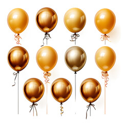Set of golden and yellow balloons isolated on transparent or white background	