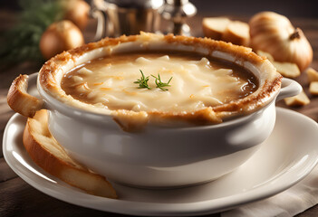 French onion soup on the table close-up.