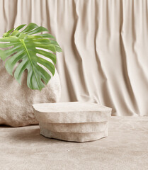 Stone product display podium stand with nature leaves on brown curtain background. 3D rendering