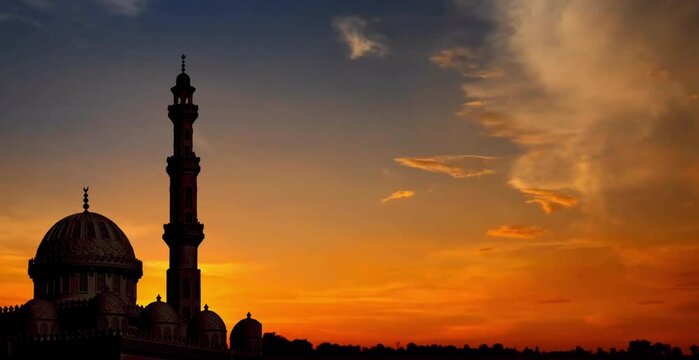 video of a mosque with a morning atmosphere at sunrise for congratulations on Ramadan, happy Eid al-Fitr and other Islamic greatdays