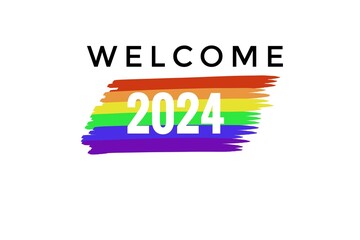 Welcome 2024 on hand drawn picture of rainbow colors stripes. White background. Concept, symbol of LGBT community celebration around the world in June. Support human right. Greeting card.