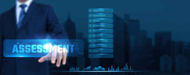 Assessment Evaluation Business Technology concept. Businessman touching the text. Exploring Similar...