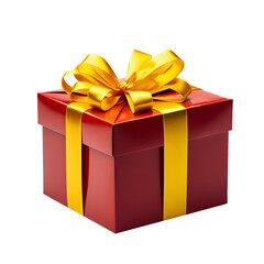 Obraz premium Red gift box with gold ribbon and bow on transparent background.