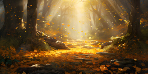 A Glorious Autumn Scene ,Sun Rays Dancing Across the Golden Landscape with Falling Leaves 