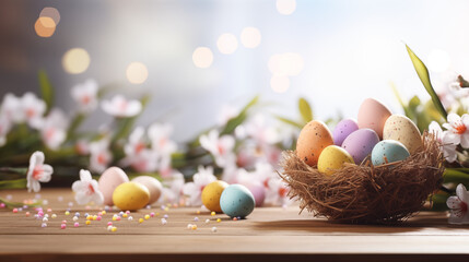 Emmpty wooden table background - easter spring theme - 698876169