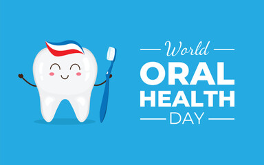 World Oral Health Day. Banner for website and social media template. Vector illustration. Funny cartoon tooth character. 
