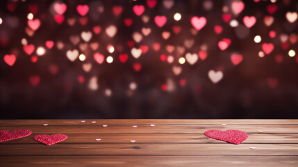 Empty old wooden table background with valentines day theme in background