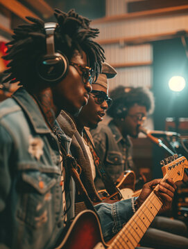 A Group Of Black Musicians Recording In A Studio Showcasing Talent And Collaboration In The Music Industry
