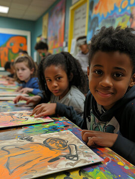A Diverse Group Of Children Participating In A Black History Month-Themed Art Contest Expressing Their Understanding Through Creativity
