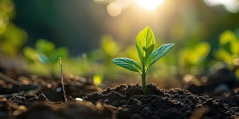 Closeup of green growth saplings and seedlings embracing warm sunlight. Nurturing nature promise. Bright beginning with symbolizing and environmental care