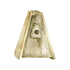 Watercolor hand drawn wooden birdhouse with hole. Spring rustic illustration for garden, Easter, spring decoration. Greeting card, invitation, label, packing design