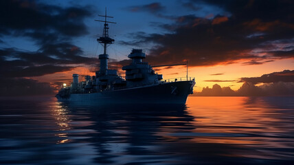 Warship on still water in the ocean,generative ai