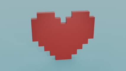 Heart pixel voxel style cubes 3d rendered on lightblue background