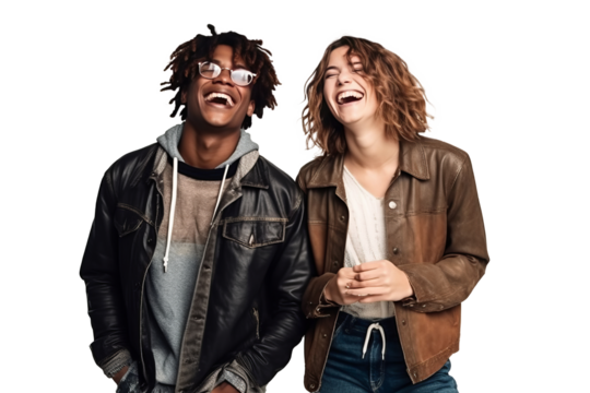 Two interracial best friends laughing and having a good time together on transparent background, generative ai.