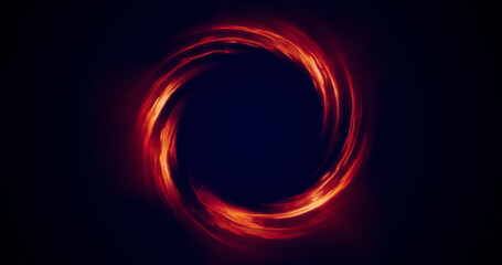 Looped twirl circle of stripes and lines of bright yellow orange beautiful magical energy glowing neon, round frame. Abstract background