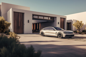 Luxury generic electric car parked outside modern villa house