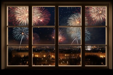 View of fireworks on new year's eve from a window
