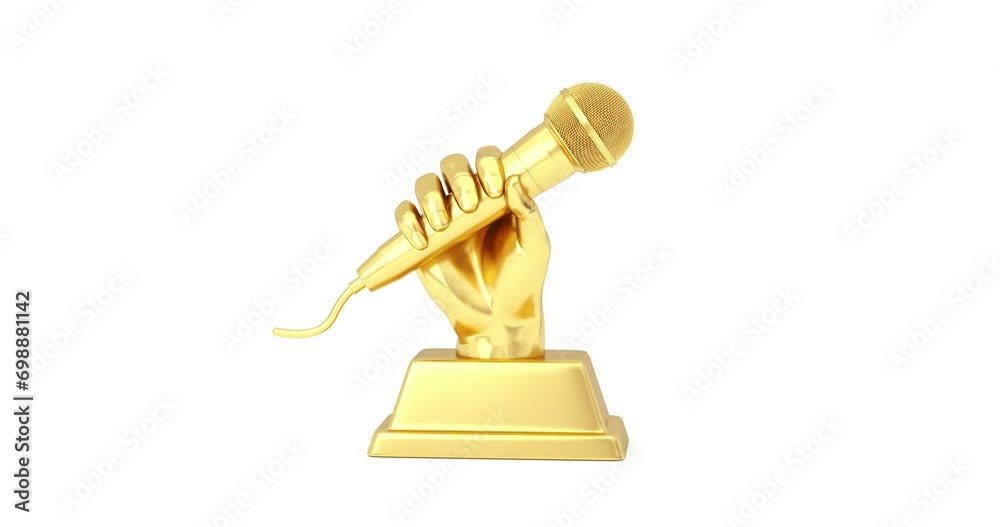 Poster 4k resolution video: golden music award trophy in shape of hand with microphone seamless looped rota